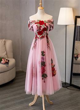 Picture of Lovely Pink Off Shoulder Tea Length Formal Dresses, Cute Party Dresses